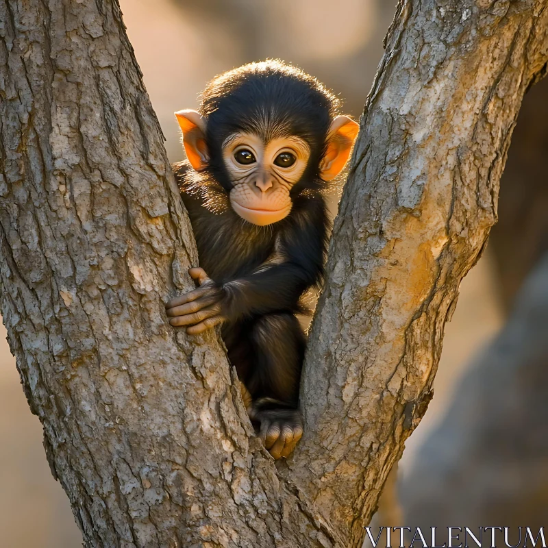 Adorable Young Monkey Among Tree Branches AI Image