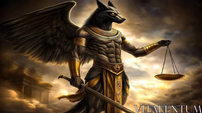 Majestic Winged Anubis with Sword and Golden Scales AI Image