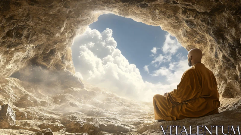 Meditative Scene in a Cave with Beautiful Sky AI Image