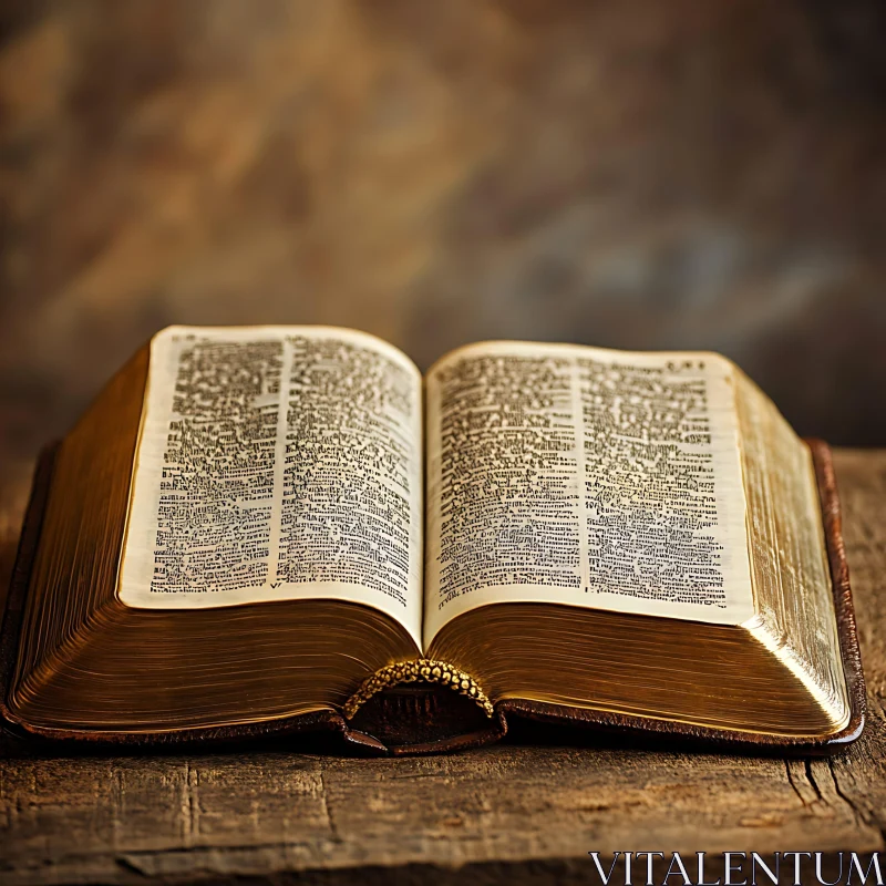 Vintage Book with Golden Pages on Rustic Table AI Image