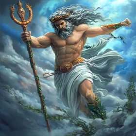 Mythical Deity Wielding Trident in Celestial Scene