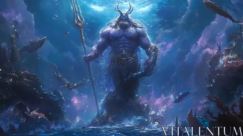 AI ART Underwater Mythological Sea God with Trident