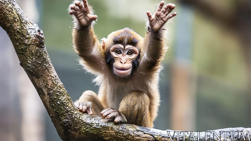 AI ART Young Playful Monkey Waving on Branch