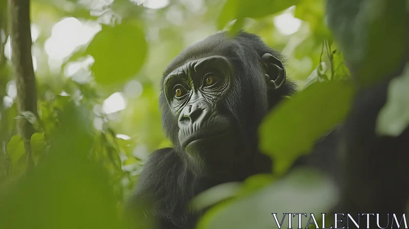 Contemplative Gorilla Amidst Green Leaves AI Image