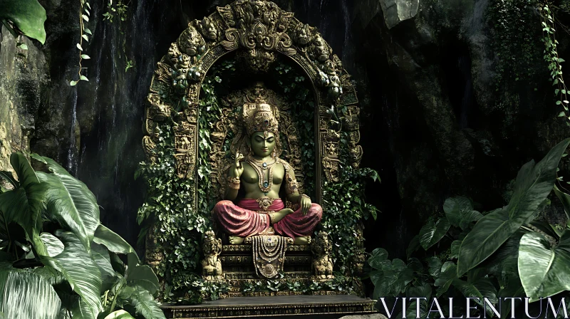 Meditative Statue in Ornate Archway with Greenery AI Image