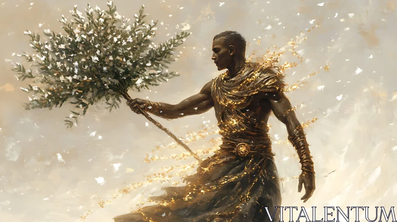 Enigmatic Gold-Clad Figure with Flowering Tree Branch AI Image