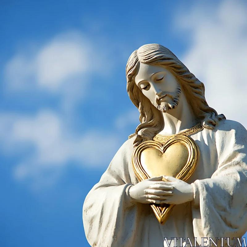 Peaceful Sculpture Holding Heart in Blue Sky AI Image