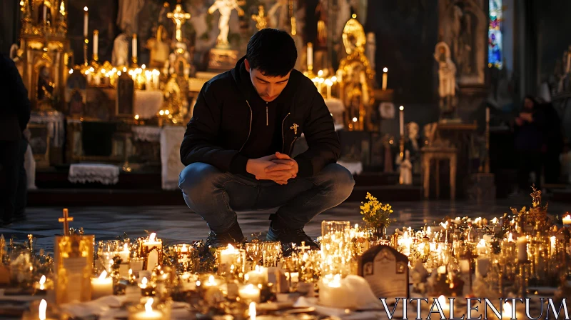 Man in Deep Meditation Surrounded by Candlelight in Church AI Image