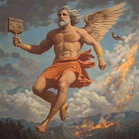 Mythological Winged Deity in Fiery Sky