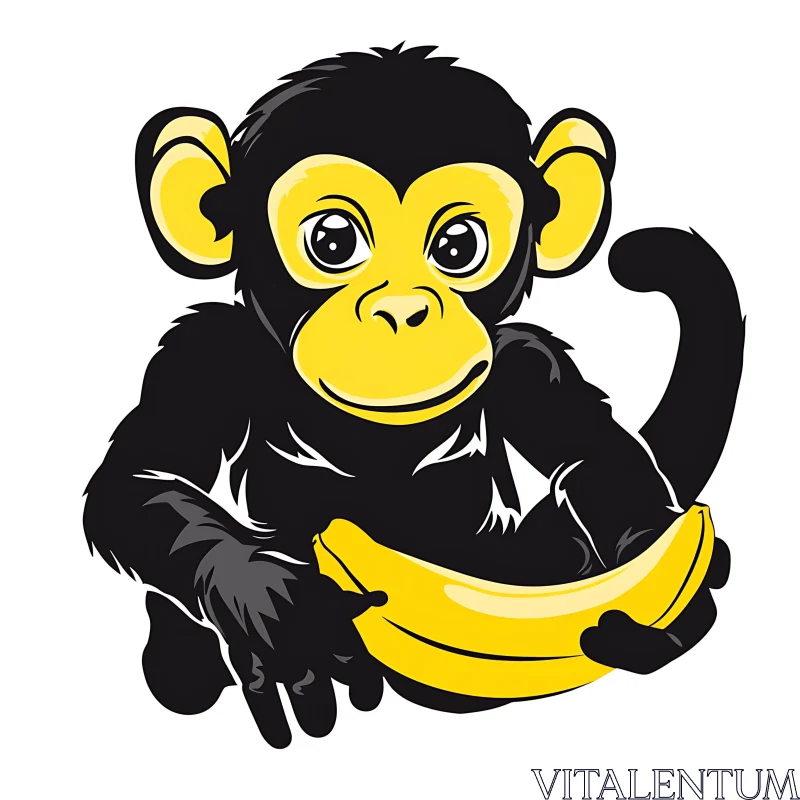 Cute Monkey with Banana Cartoon Art AI Image