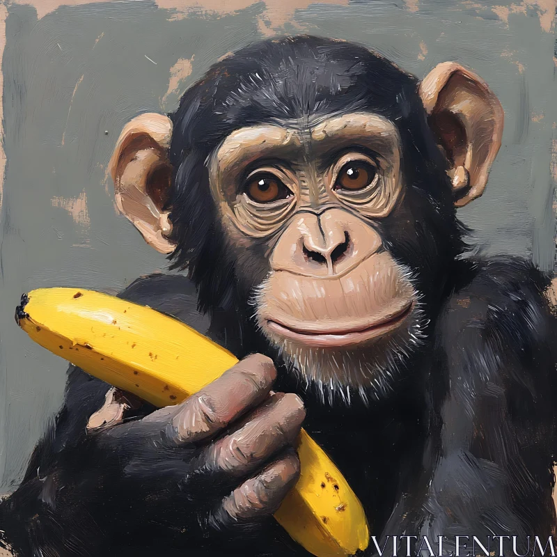 Chimpanzee Holding Banana Portrait AI Image