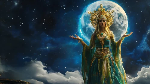 Celestial Royalty Amidst a Starry Night with Full Moon