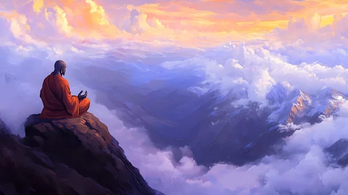 Peaceful Monk Overlooking Mountain Sunrise