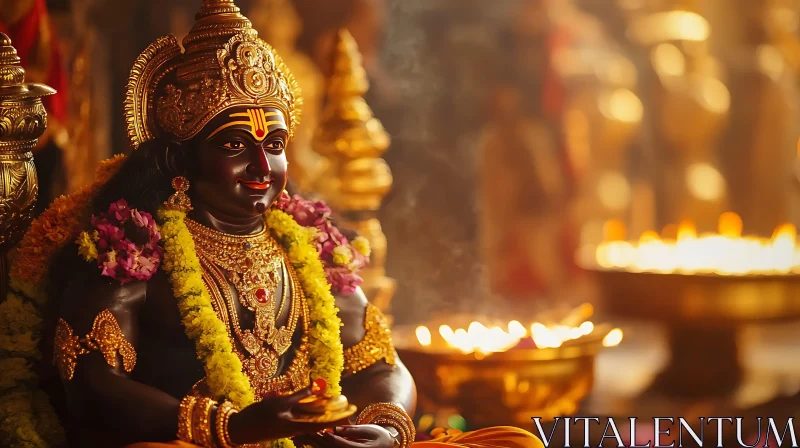 Deity Statue Adorned with Gold and Garland in Temple AI Image