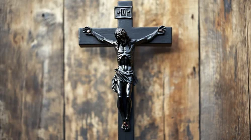 Black Crucifix Sculpture on Wooden Wall