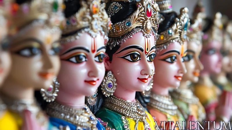 Line of Cultural Figurines in Colorful Attire Line of Cultural Figurines in Colorful Attire