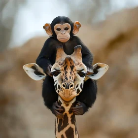 Chimpanzee Riding Giraffe in the Wild