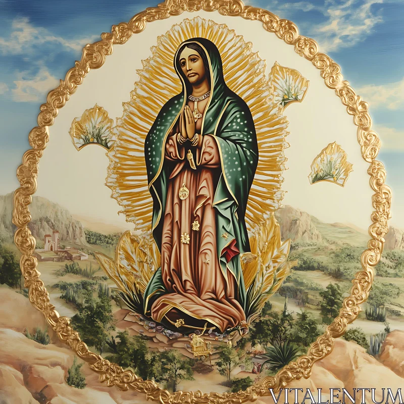 Religious Figure with Golden Halo and Landscape Backdrop Religious Figure with Golden Halo and Landscape Backdrop