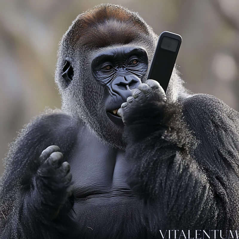 Gorilla Holding a Phone and Examining It Gorilla Holding a Phone and Examining It