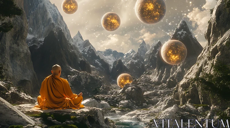 Ethereal Orbs and Serene Monk in Mountain Landscape Ethereal Orbs and Serene Monk in Mountain Landscape