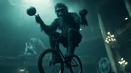 Gorilla on Bicycle in Ornate Indoor Setting