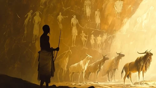 Prehistoric Cave Art Depicting Wild Animals and Human Figures