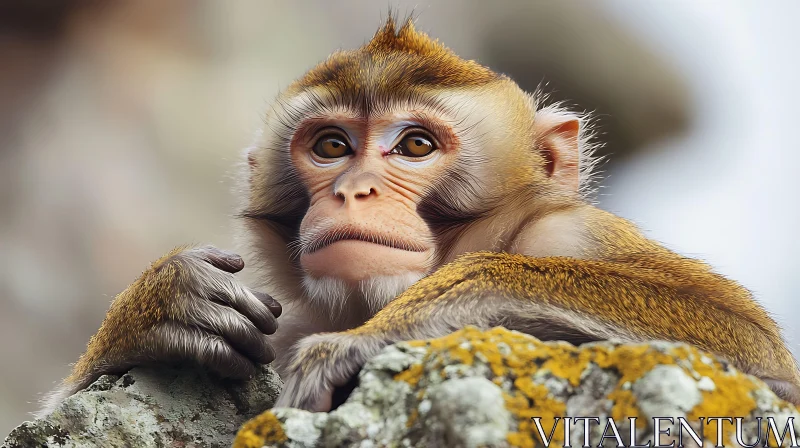 AI ART Young Monkey Resting on a Rock Close-Up