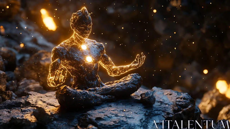 Glowing Humanoid in Rock Meditation AI Image