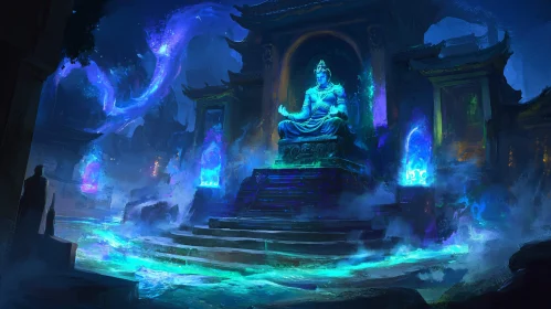 Enigmatic Glow of a Mythical Statue in Ancient Temple