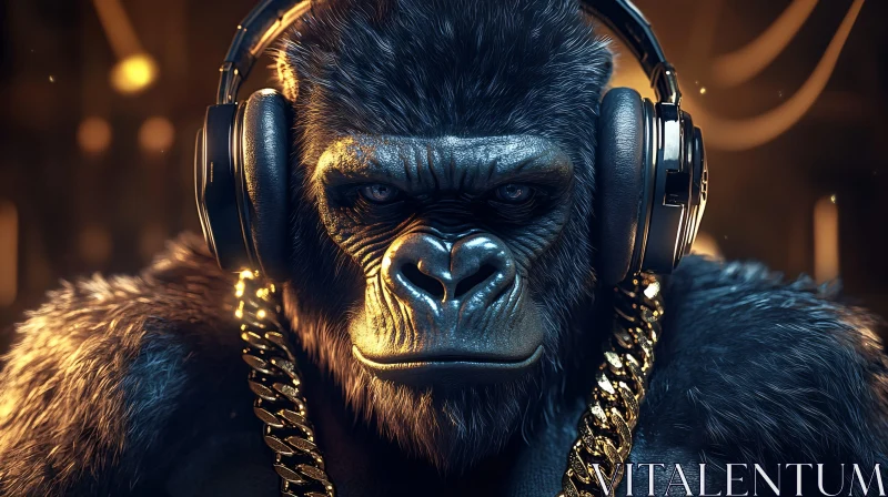 AI ART Portrait of Gorilla with Headphones and Gold Chain