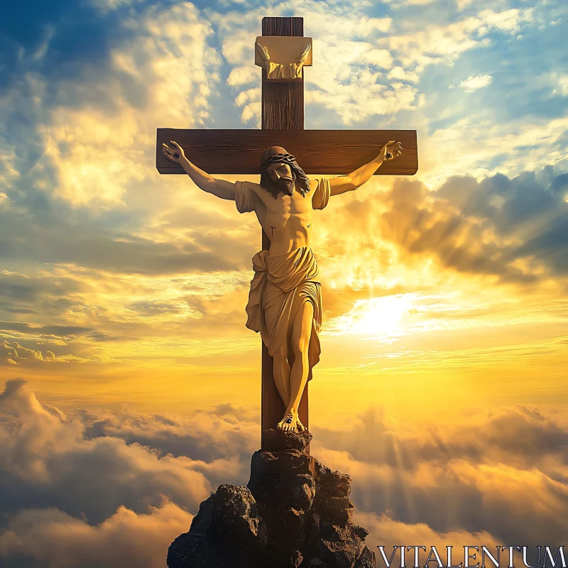 Crucifixion Under a Golden Sunset AI Image