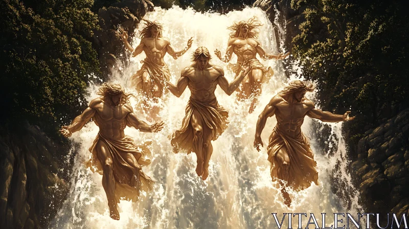 Mythical Golden Figures at Waterfall AI Image