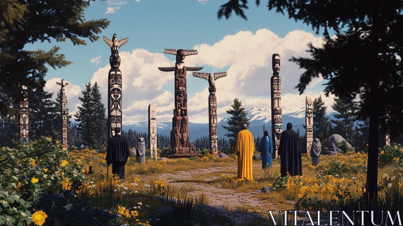 Forest Ritual Around Totem Poles AI Image