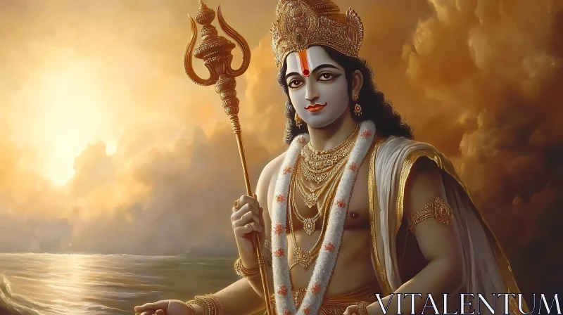 Hindu Deity with Trident by the Golden Ocean AI Image