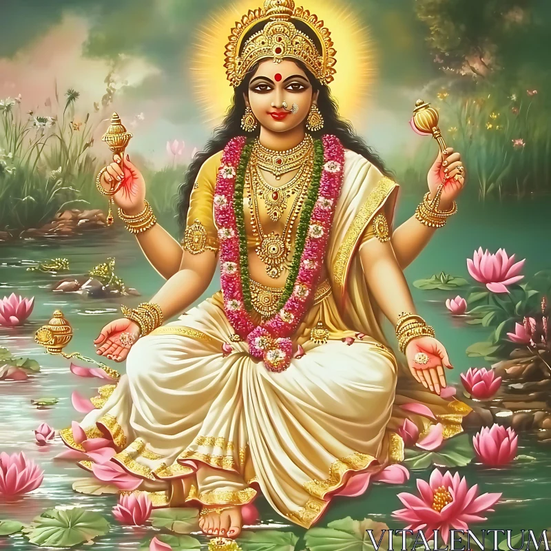 Goddess Adorned with Gold and Blooms AI Image