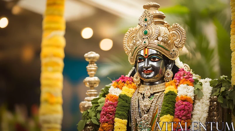 Deity Statue with Headdress and Garlands AI Image