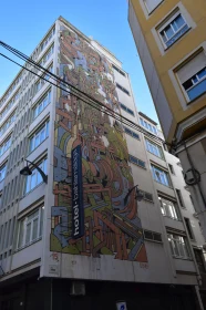 City Building with Colorful Mural