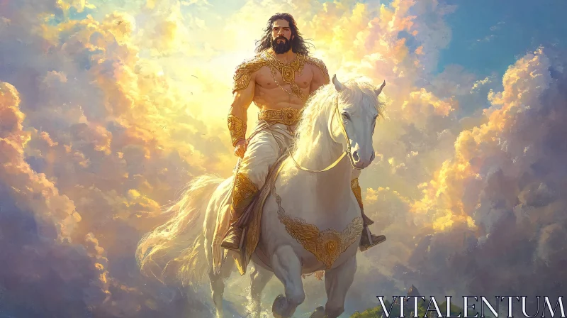 Mythical Heroic Figure on a White Horse AI Image