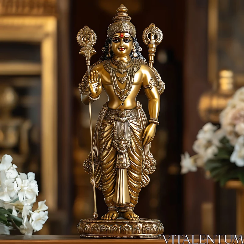 Ornate Gold Deity Sculpture with Floral Surroundings AI Image