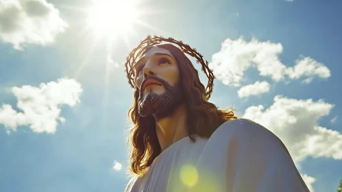 Divine Jesus Statue Under Sunlit Clouds