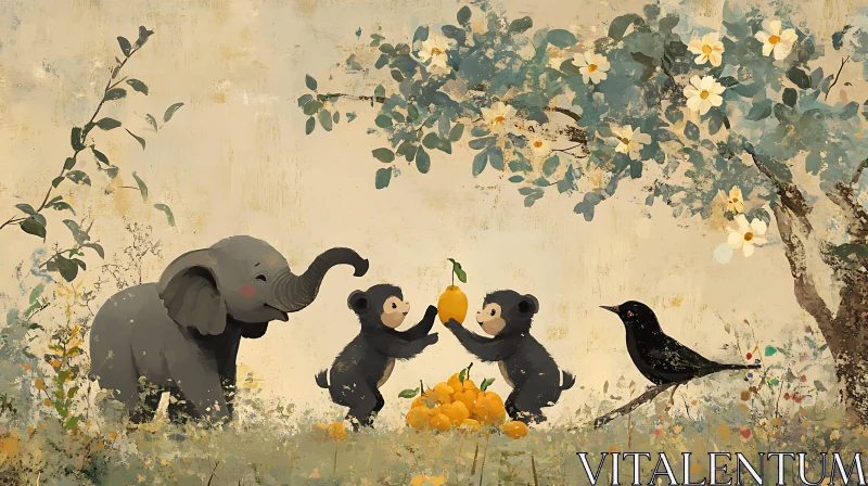 Playful Elephant and Bears in a Floral Forest AI Image