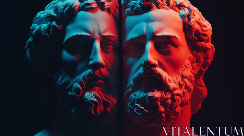 Red and Blue Illuminated Bearded Sculpture AI Image