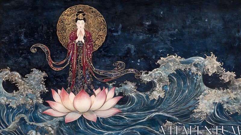 Meditative Image of Figure on Lotus in Ocean AI Image