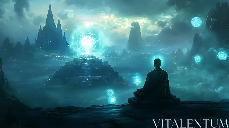 AI ART Mystical Meditative Scene with Blue Glowing Orbs