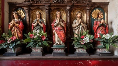 Historical Religious Monument with Ornate Statues and Flowers