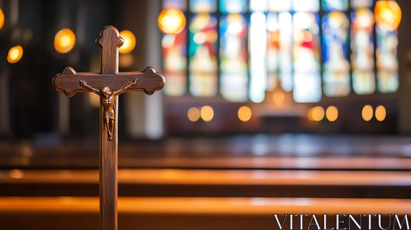 Serene Church Setting with Crucifix and Stained Glass AI Image