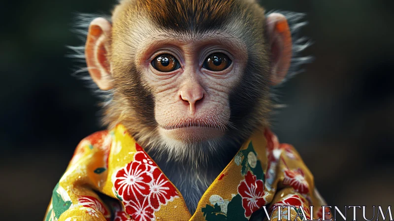 AI ART Young Monkey in Colorful Floral Kimono