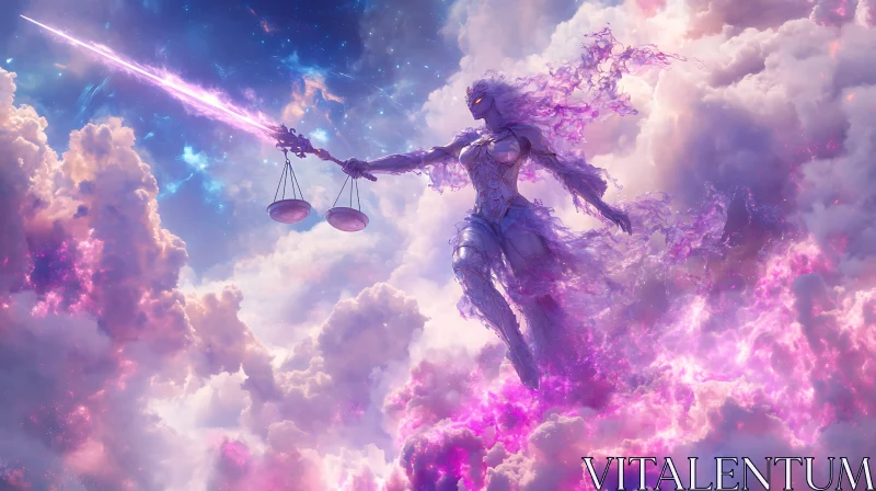 Floating Justice Goddess in Cloudscape AI Image