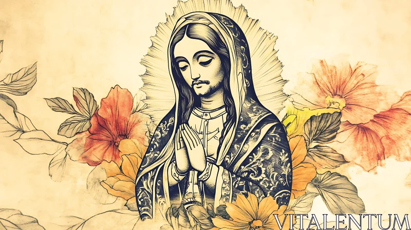 Religious Art with Vintage Flower Design AI Image