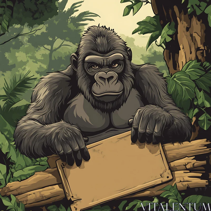 AI ART Wild Gorilla with Blank Wooden Sign